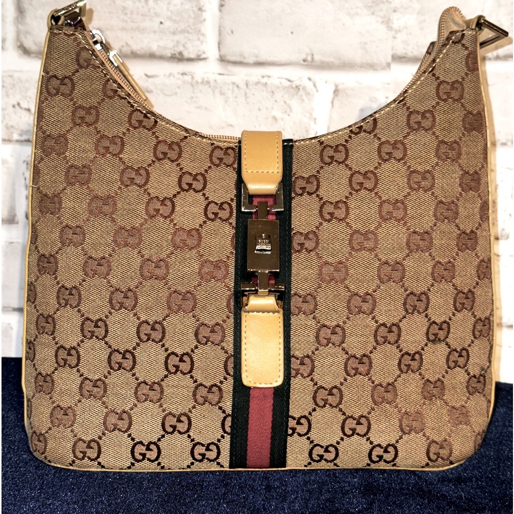 Gucci Brown GG Canvas Hobo with Red and Green Stripe